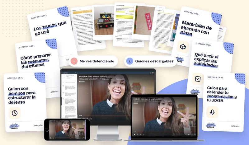 Materiales del curso de Defensa oral de Educación Infantil y la plataforma con las clases en vídeo en ordenador, portátil y móvil