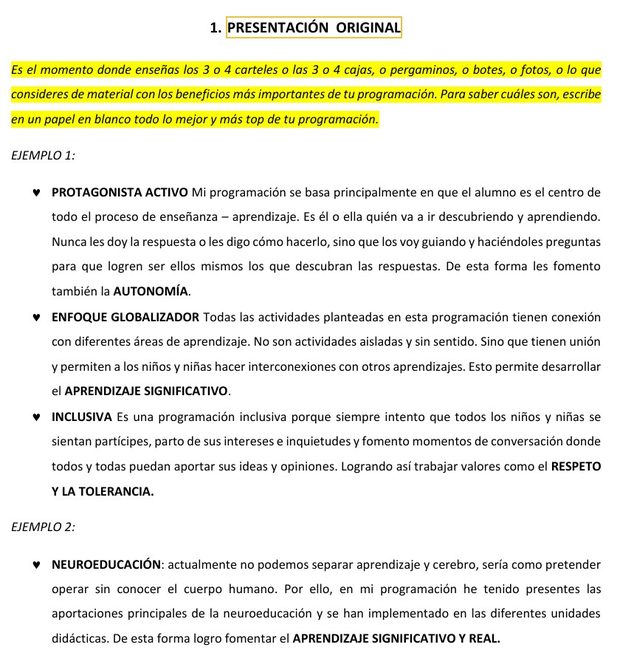 Página del guion para explicar la programación: la presentación original con sus beneficios