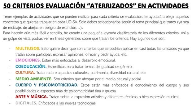 Documento de los 50 criterios de evaluación aterrizados en actividades, con su leyenda de colores