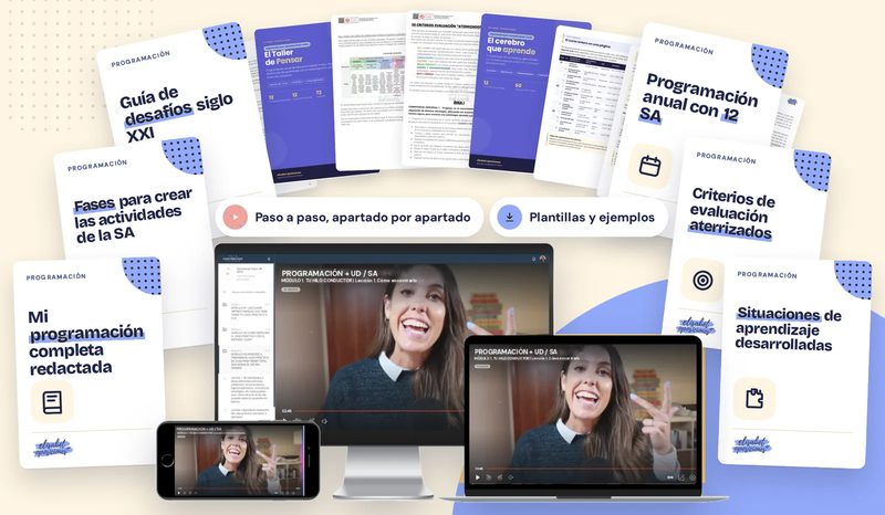 Materiales del curso de Programación + UD/SA de Educación Infantil y la plataforma con las clases en vídeo en ordenador, portátil y móvil