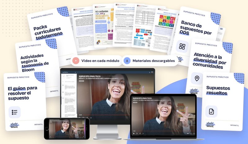 Materiales del curso de Supuesto práctico de Educación Infantil y la plataforma con las clases en vídeo en ordenador, portátil y móvil