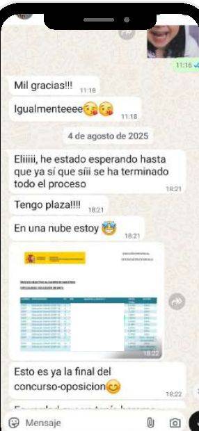 Mensaje de Mayte (Melilla) con su nota: 8,1256 y plaza